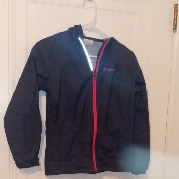 girl medium Columbia jacket zip front with hood ,navy blue with pink - Picture 1 of 4